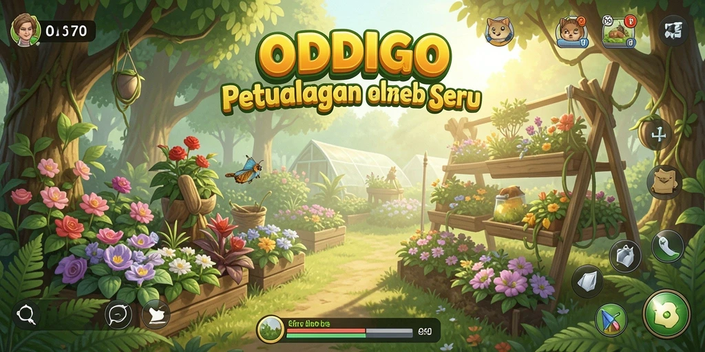 Screenshot ODDIGO menampilkan suasana kebun yang indah dan gameplay menarik.