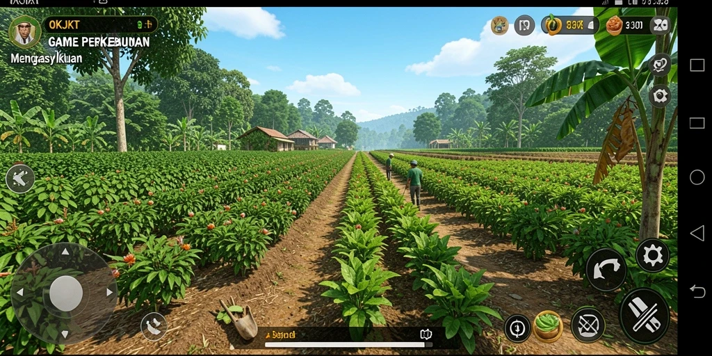 Screenshot gameplay OKJKT menunjukkan kebun yang subur dan rapi.