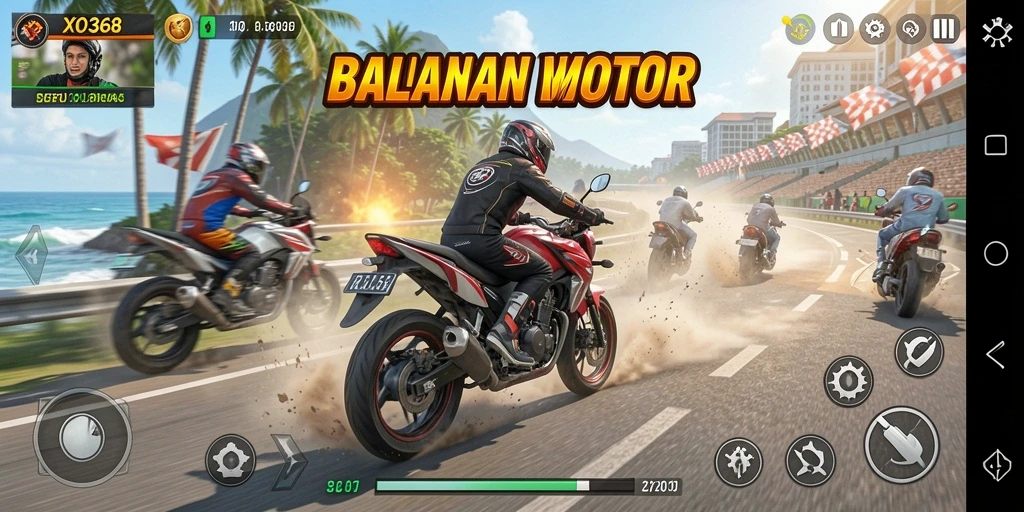 Screenshot menunjukkan gameplay balap motor yang intens dan mendebarkan.